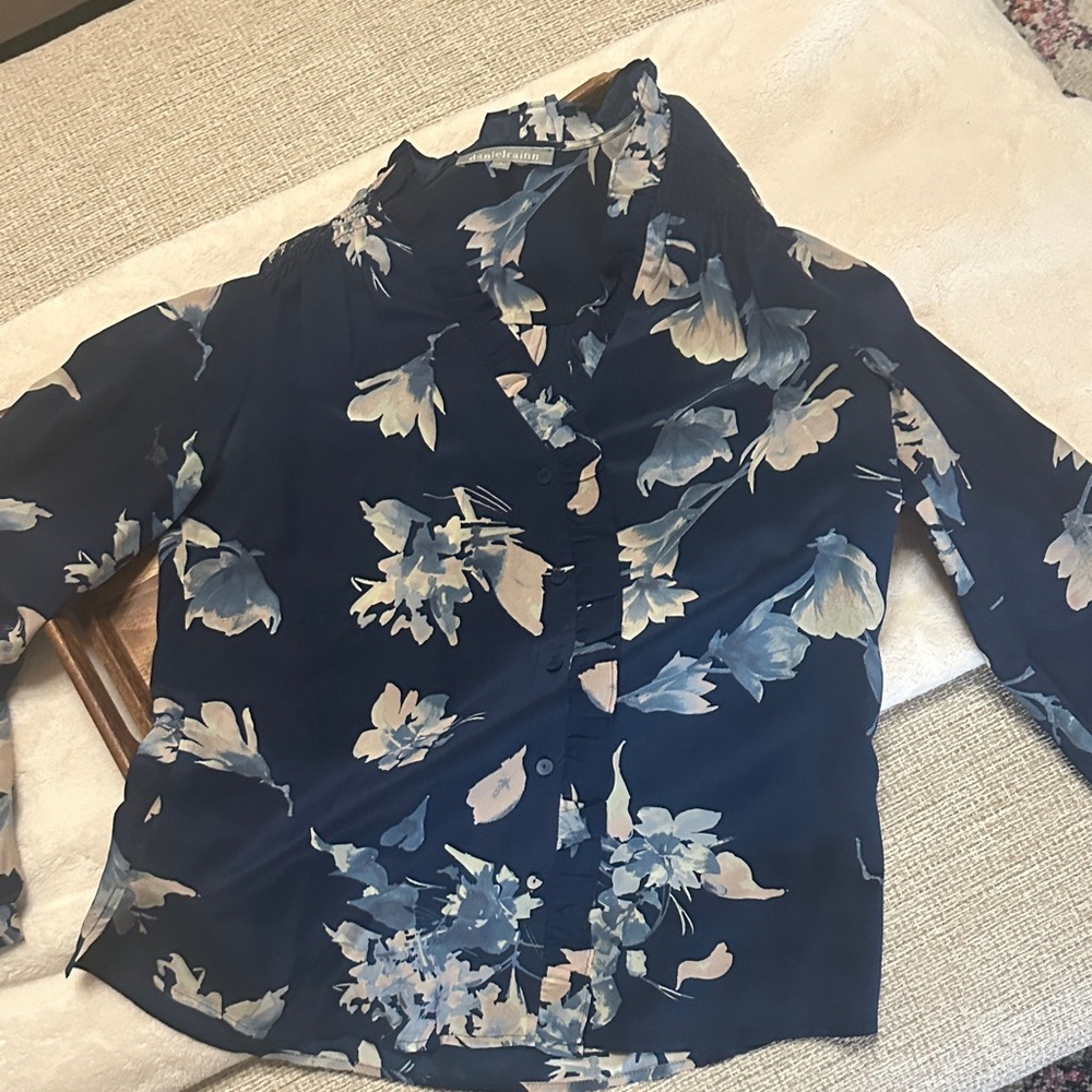 Daniel Rainn Blue Floral Silk Blouse